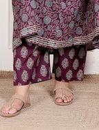 Plus Size Purple Anarkali Cotton Printed Flared Kurta Pant Set with Dupatta-210011
