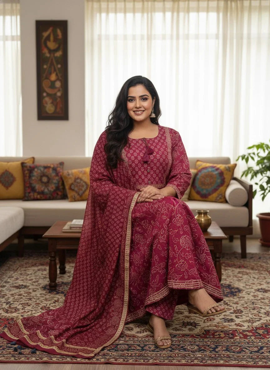 Plus Size Pink Anarkali Cotton Printed Flared Kurta Pant Set with Dupatta-210012 Secondary image