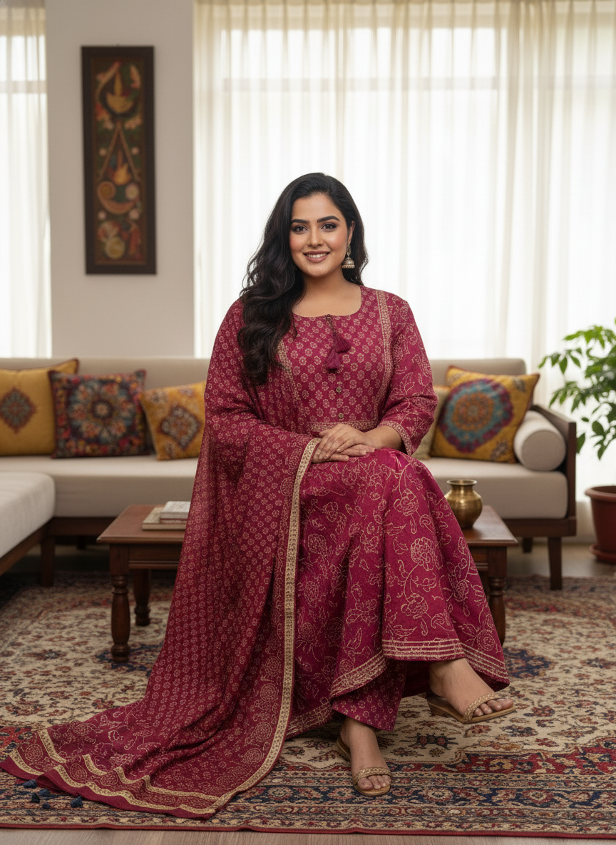 Plus Size Pink Anarkali Cotton Printed Flared Kurta Pant Set with Dupatta-210012