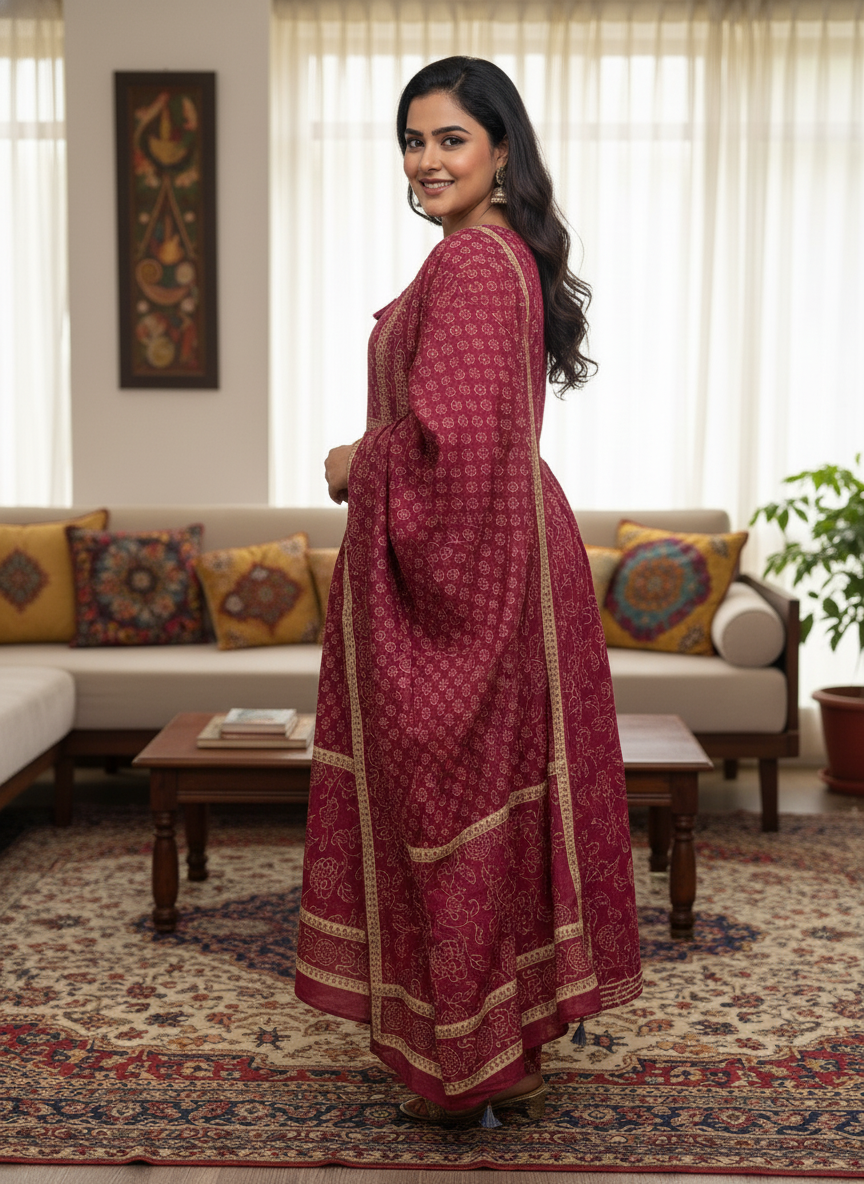 Plus Size Pink Anarkali Cotton Printed Flared Kurta Pant Set with Dupatta-210012