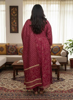 Plus Size Pink Anarkali Cotton Printed Flared Kurta Pant Set with Dupatta-210012