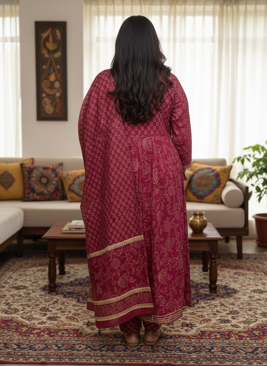 Plus Size Pink Anarkali Cotton Printed Flared Kurta Pant Set with Dupatta-210012