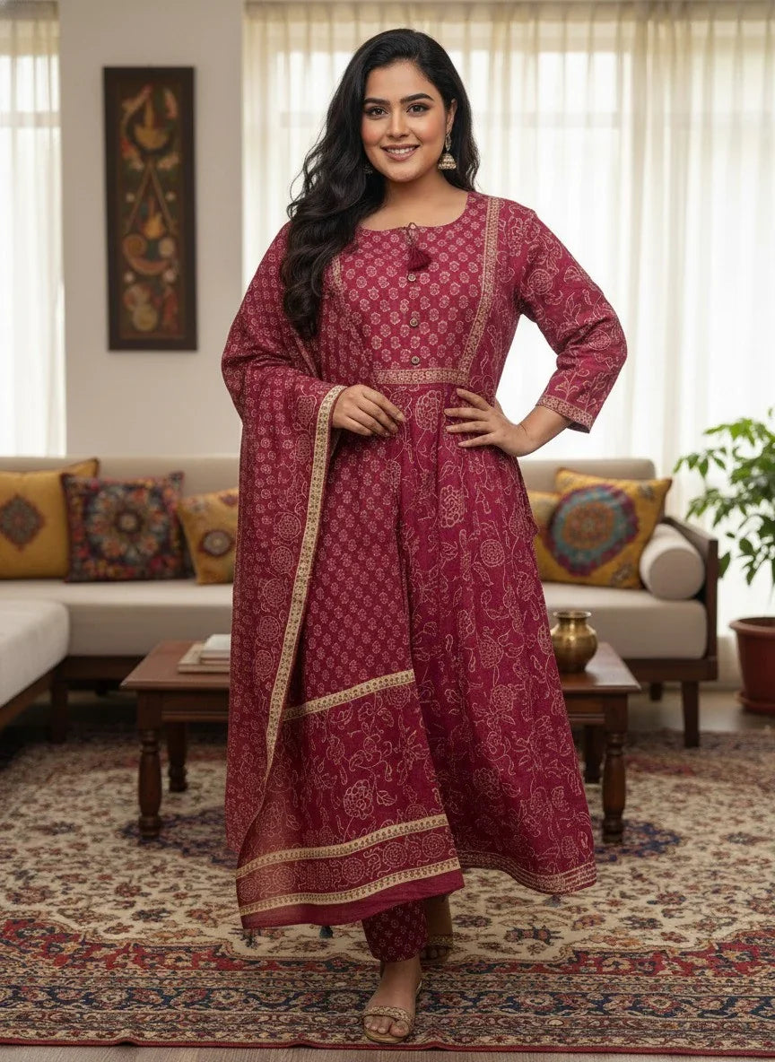 Plus Size Pink Anarkali Cotton Printed Flared Kurta Pant Set with Dupatta-210012