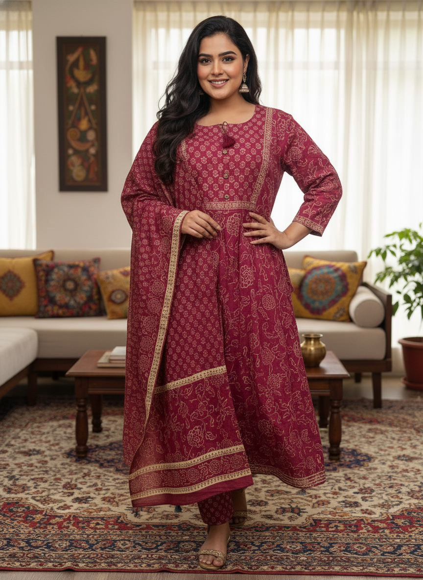 Plus Size Pink Anarkali Cotton Printed Flared Kurta Pant Set with Dupatta-210012