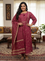 Plus Size Pink Anarkali Cotton Printed Flared Kurta Pant Set with Dupatta-210012