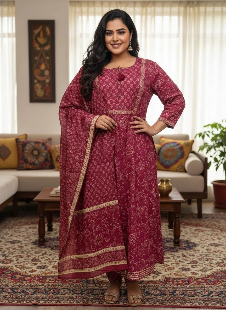 Plus Size Pink Anarkali Cotton Printed Flared Kurta Pant Set with Dupatta-210012