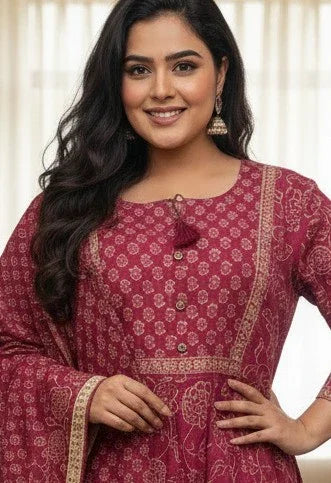 Plus Size Pink Anarkali Cotton Printed Flared Kurta Pant Set with Dupatta-210012