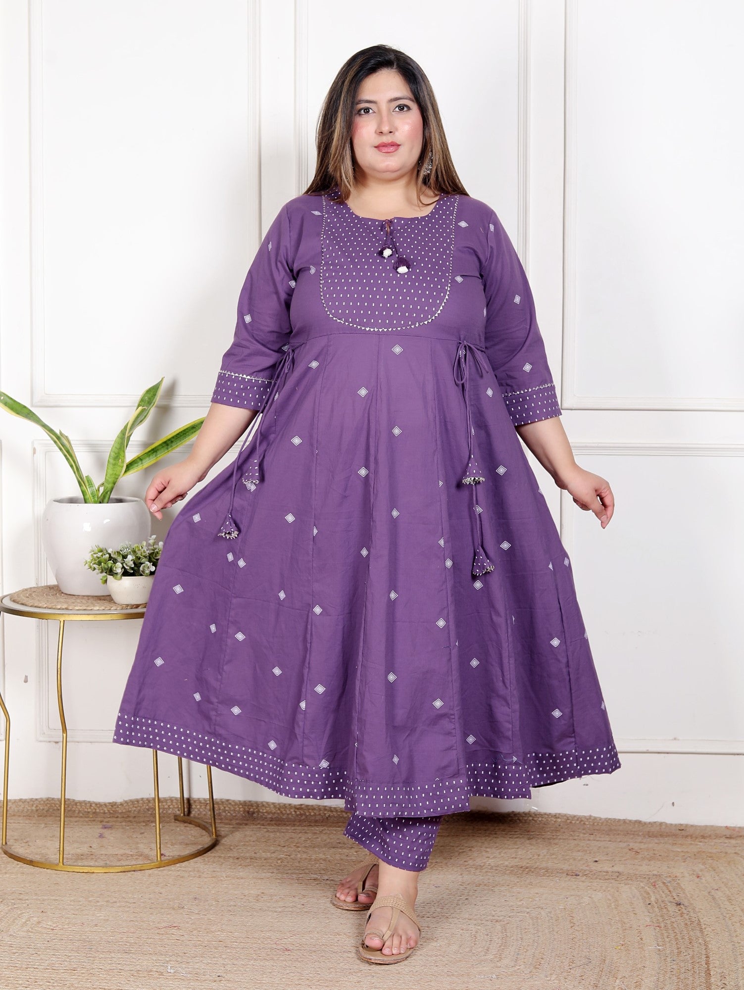 Plus Size Purple Anarkali Cotton Printed Flared Kurta Pant Set with Dupatta-210013