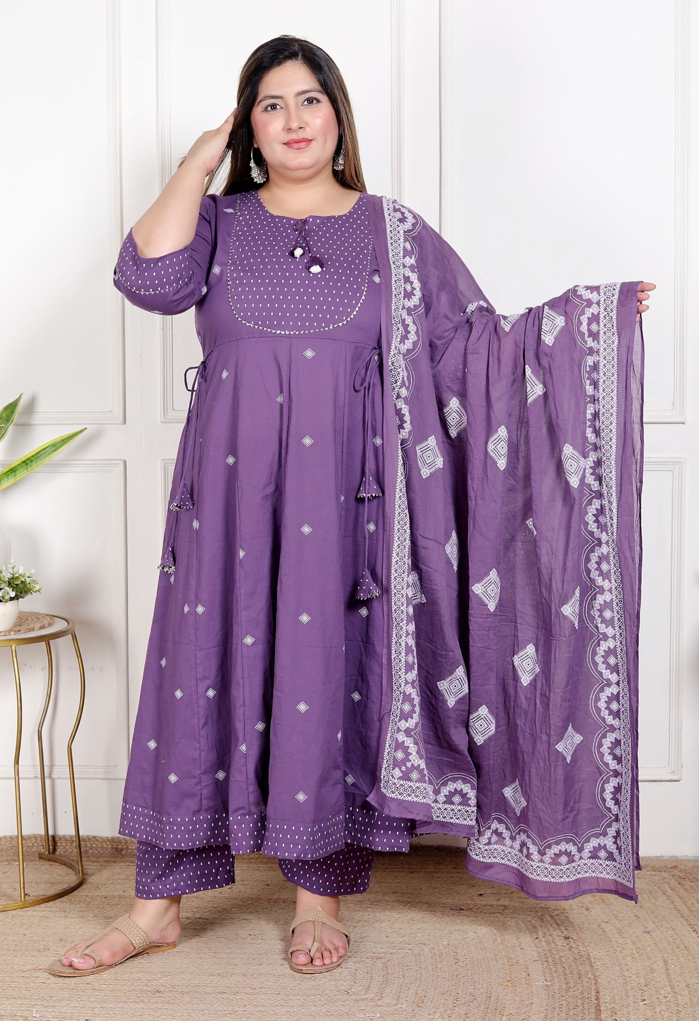Plus Size Purple Anarkali Cotton Printed Flared Kurta Pant Set with Dupatta-210013 Main image
