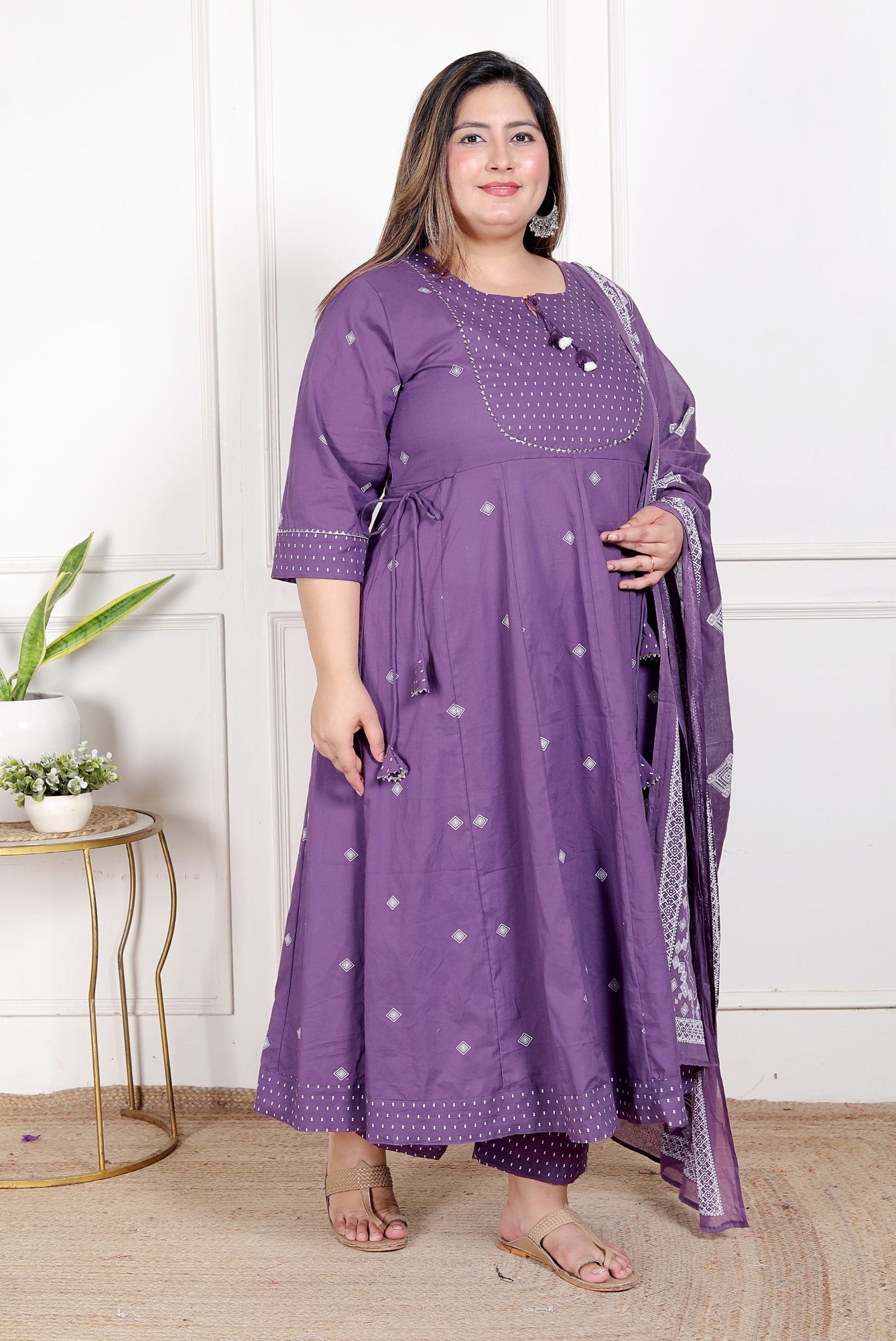 Plus Size Purple Anarkali Cotton Printed Flared Kurta Pant Set with Dupatta-210013