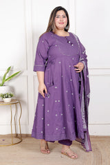 Plus Size Purple Anarkali Cotton Printed Flared Kurta Pant Set with Dupatta-210013