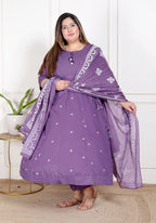 Plus Size Purple Anarkali Cotton Printed Flared Kurta Pant Set with Dupatta-210013
