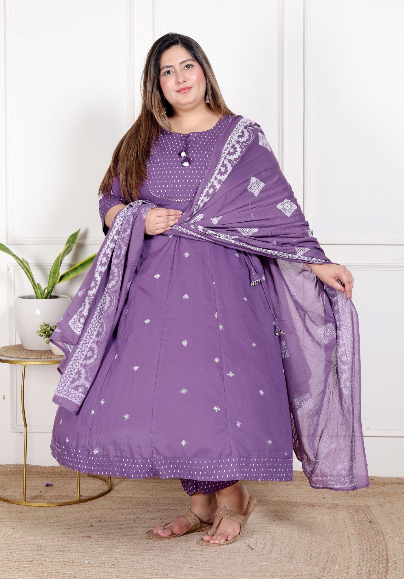 Plus Size Purple Anarkali Cotton Printed Flared Kurta Pant Set with Dupatta-210013