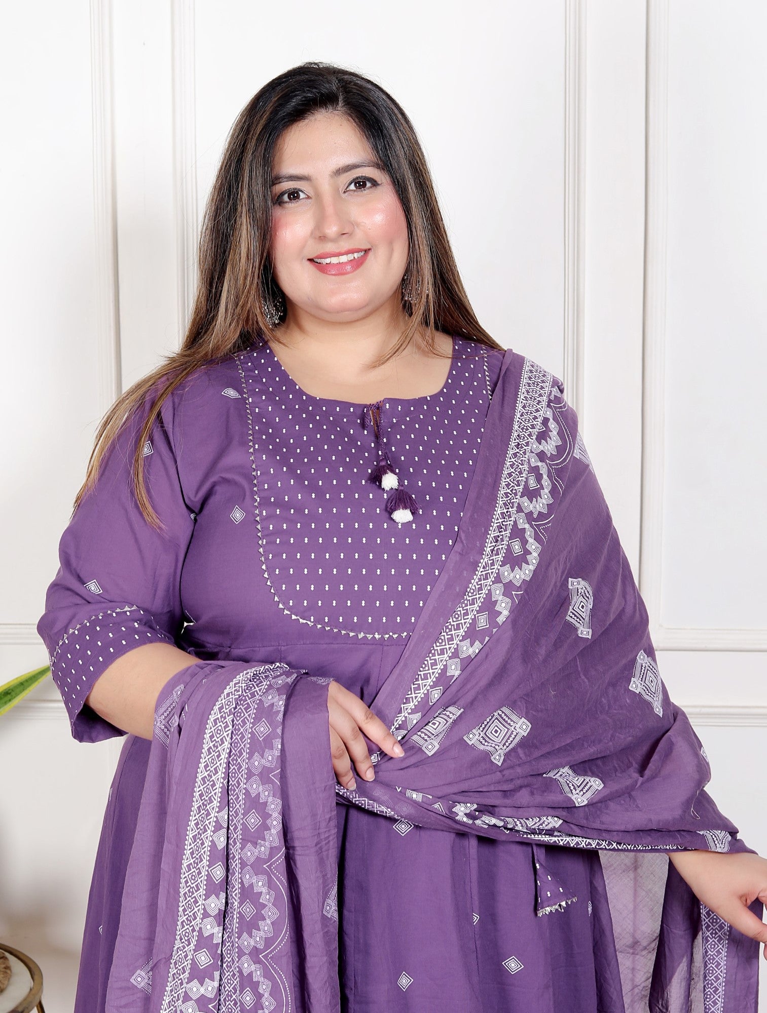 Plus Size Purple Anarkali Cotton Printed Flared Kurta Pant Set with Dupatta-210013