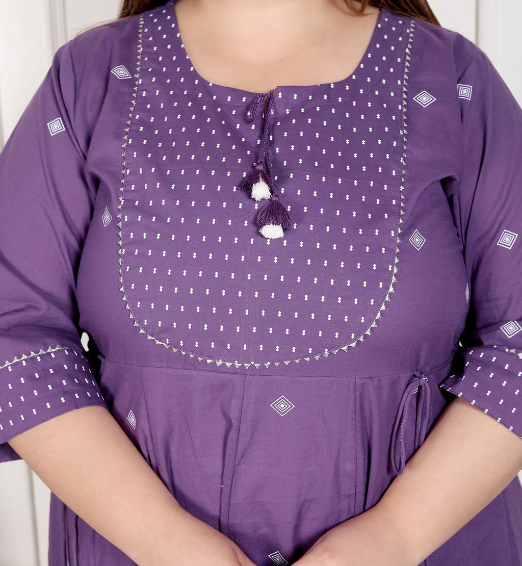 Plus Size Purple Anarkali Cotton Printed Flared Kurta Pant Set with Dupatta-210013