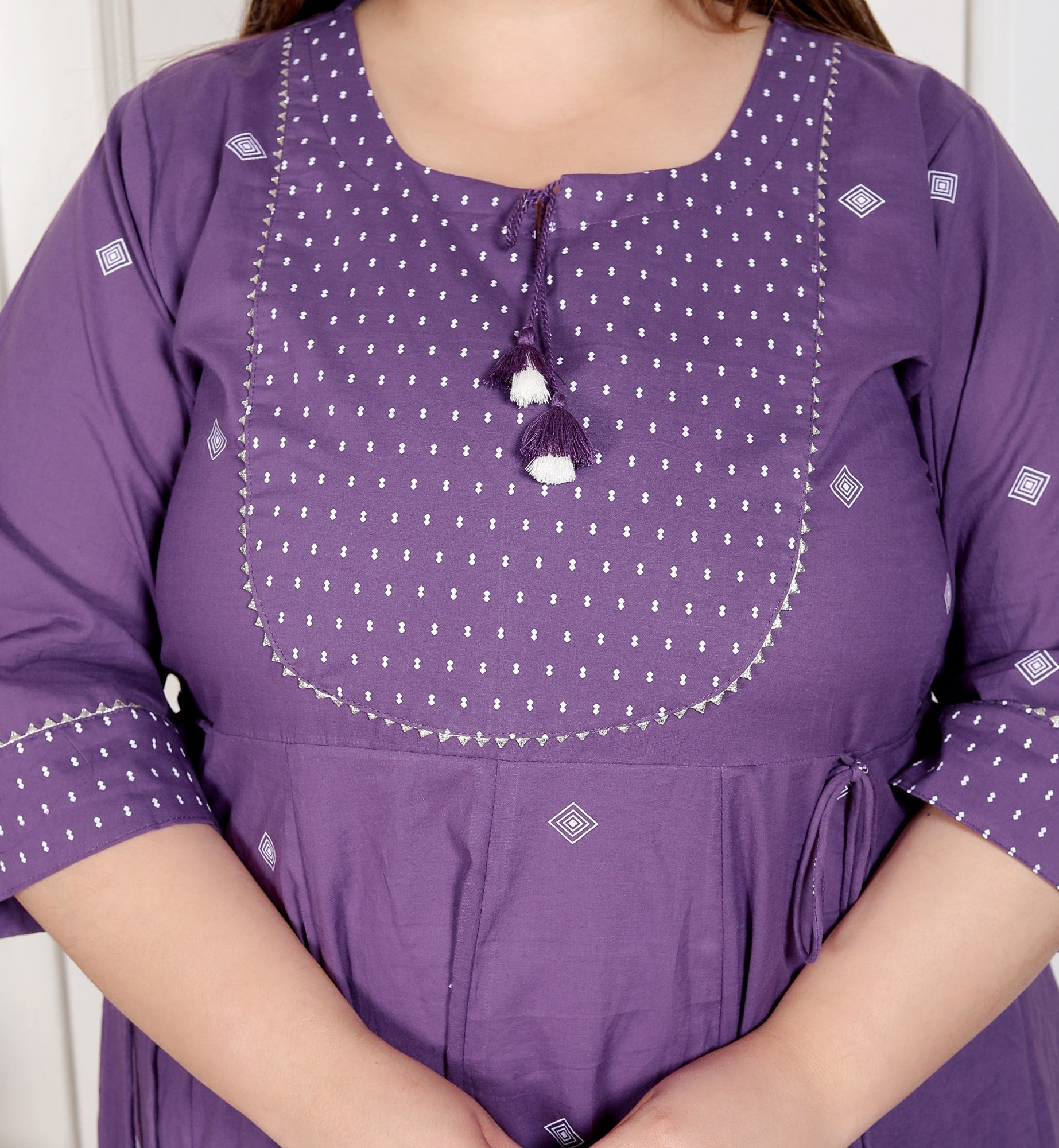 Plus Size Purple Anarkali Cotton Printed Flared Kurta Pant Set with Dupatta-210013