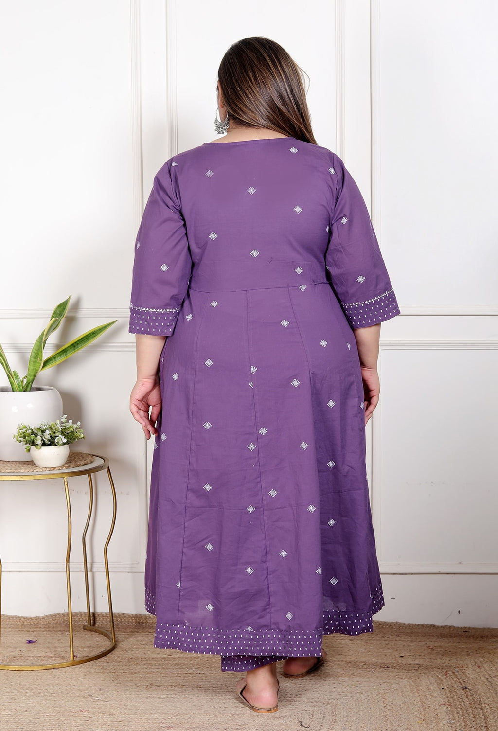 Plus Size Purple Anarkali Cotton Printed Flared Kurta Pant Set with Dupatta-210013