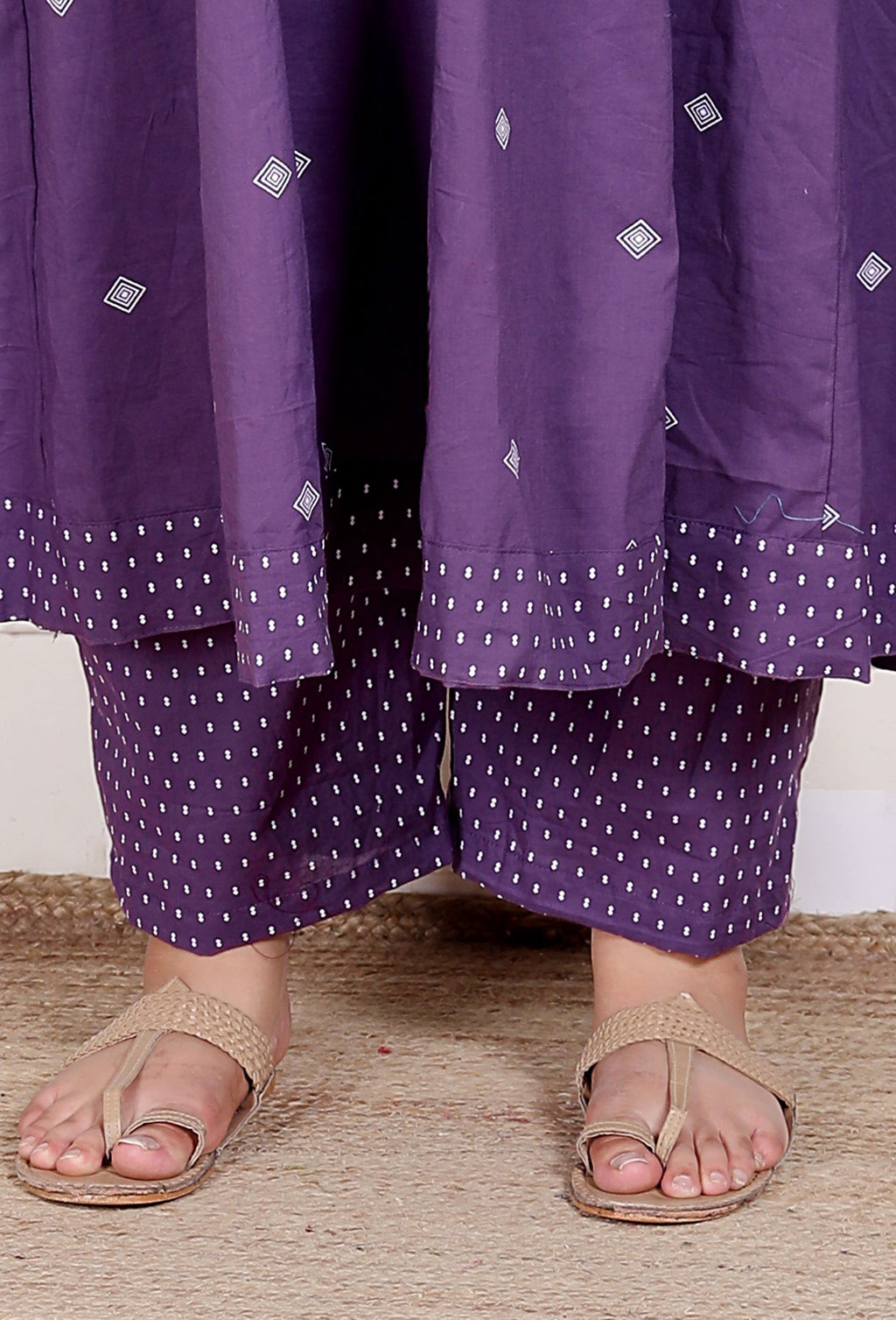 Plus Size Purple Anarkali Cotton Printed Flared Kurta Pant Set with Dupatta-210013
