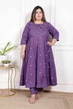 Plus Size Purple Anarkali Cotton Printed Flared Kurta Pant Set with Dupatta-210013
