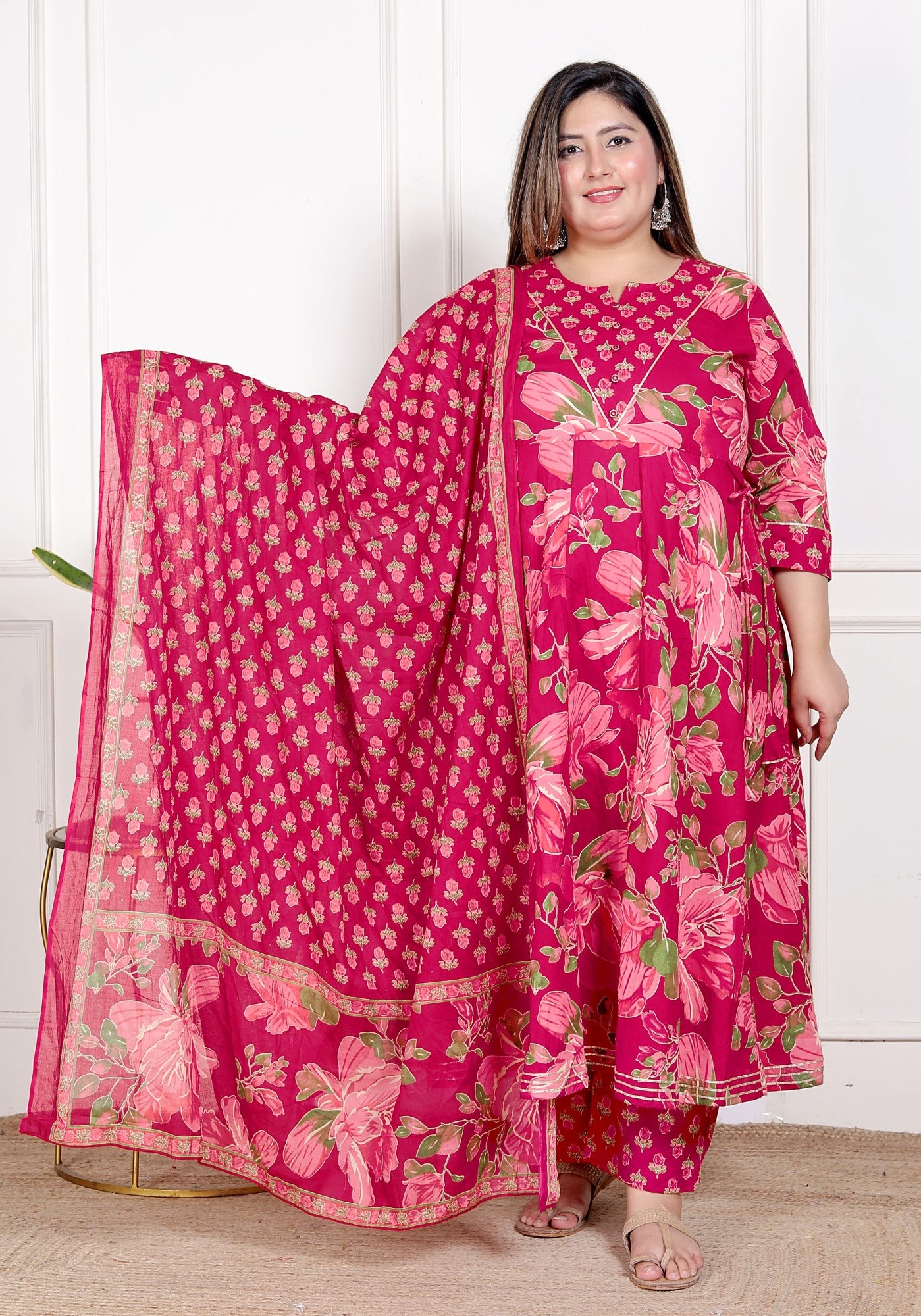 Plus Size Pink Anarkali Cotton Printed Flared Kurta Pant Set with Dupatta-210014 Secondary image