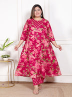 Plus Size Pink Anarkali Cotton Printed Flared Kurta Pant Set with Dupatta-210014