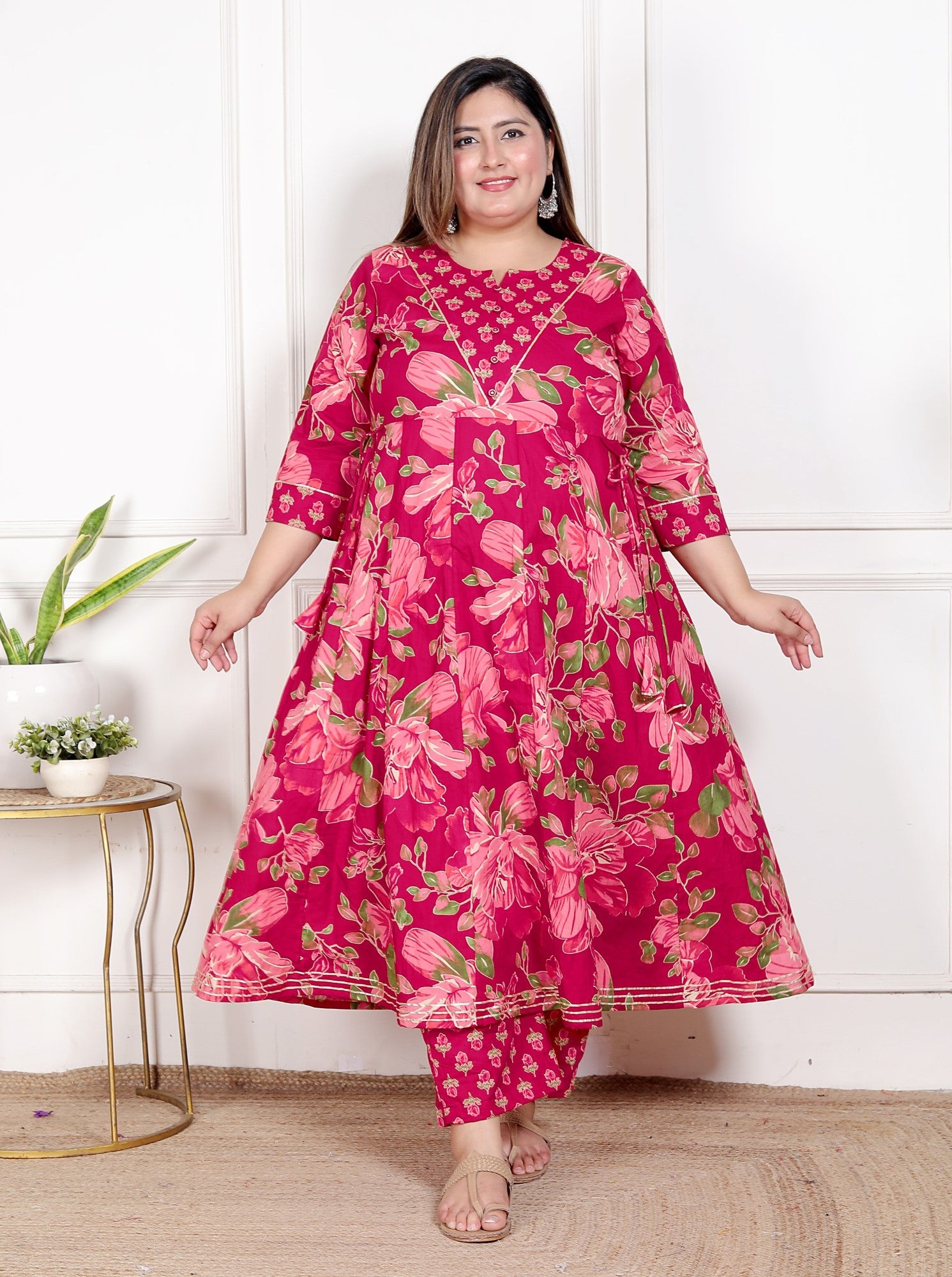 Plus Size Pink Anarkali Cotton Printed Flared Kurta Pant Set with Dupatta-210014