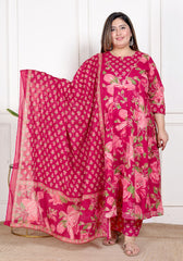 Plus Size Pink Anarkali Cotton Printed Flared Kurta Pant Set with Dupatta-210014