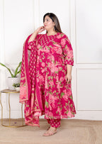 Plus Size Pink Anarkali Cotton Printed Flared Kurta Pant Set with Dupatta-210014