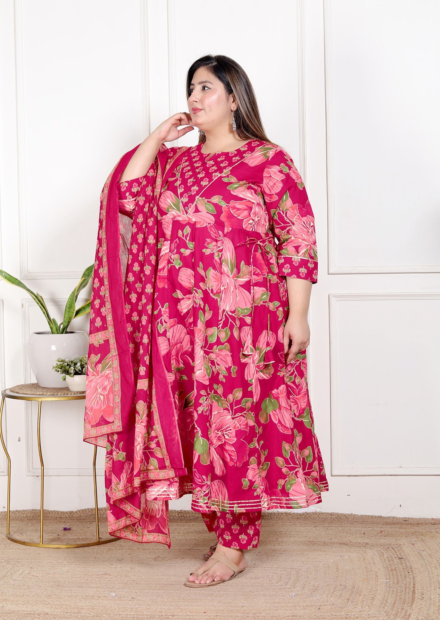 Plus Size Pink Anarkali Cotton Printed Flared Kurta Pant Set with Dupatta-210014