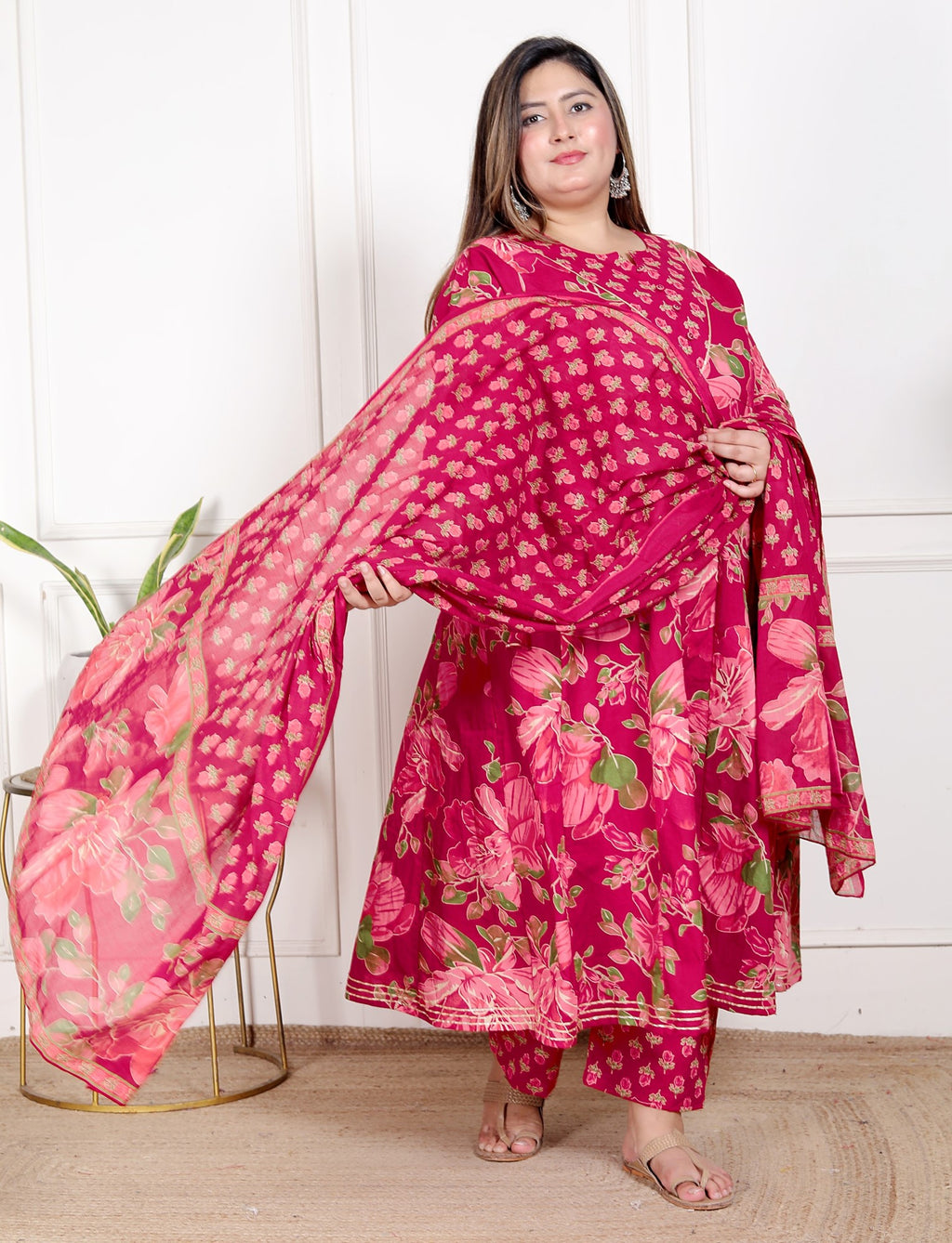 Plus Size Pink Anarkali Cotton Printed Flared Kurta Pant Set with Dupatta-210014