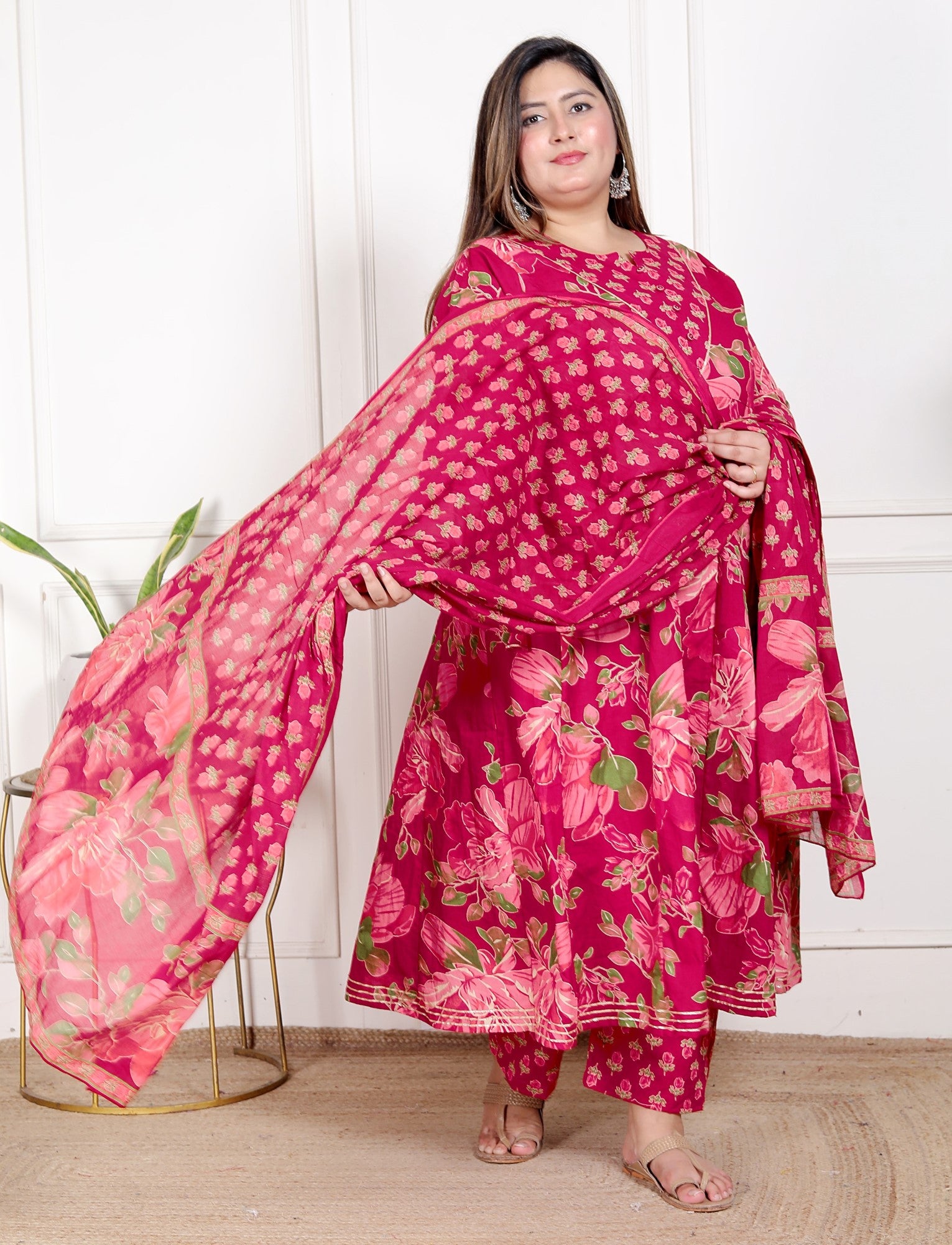 Plus Size Pink Anarkali Cotton Printed Flared Kurta Pant Set with Dupatta-210014