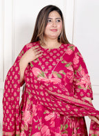 Plus Size Pink Anarkali Cotton Printed Flared Kurta Pant Set with Dupatta-210014