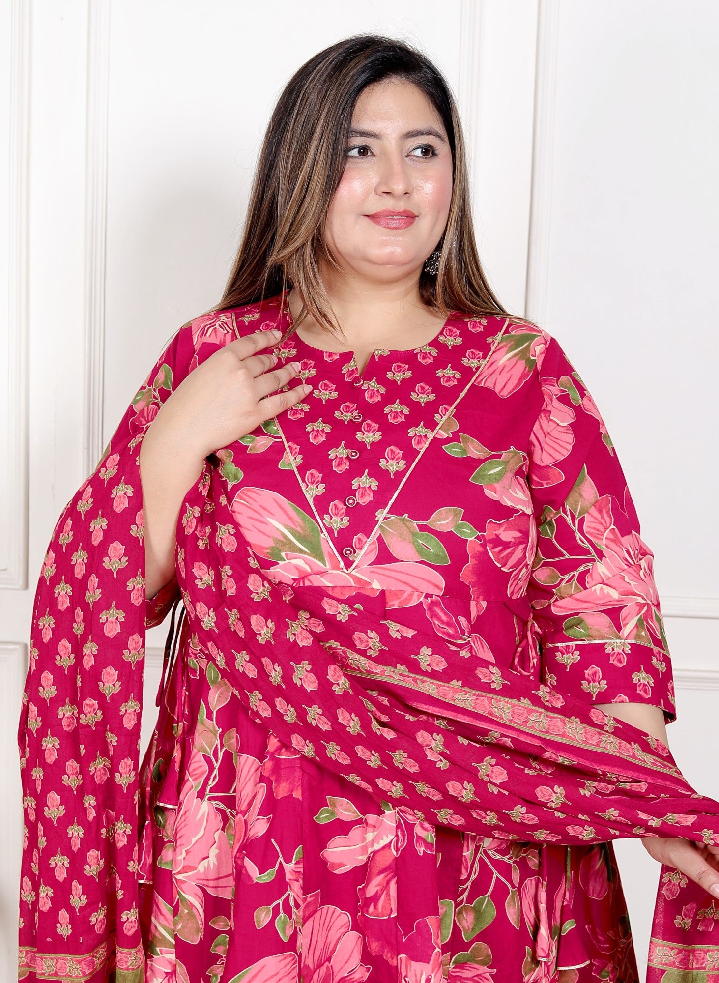 Plus Size Pink Anarkali Cotton Printed Flared Kurta Pant Set with Dupatta-210014