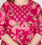 Plus Size Pink Anarkali Cotton Printed Flared Kurta Pant Set with Dupatta-210014