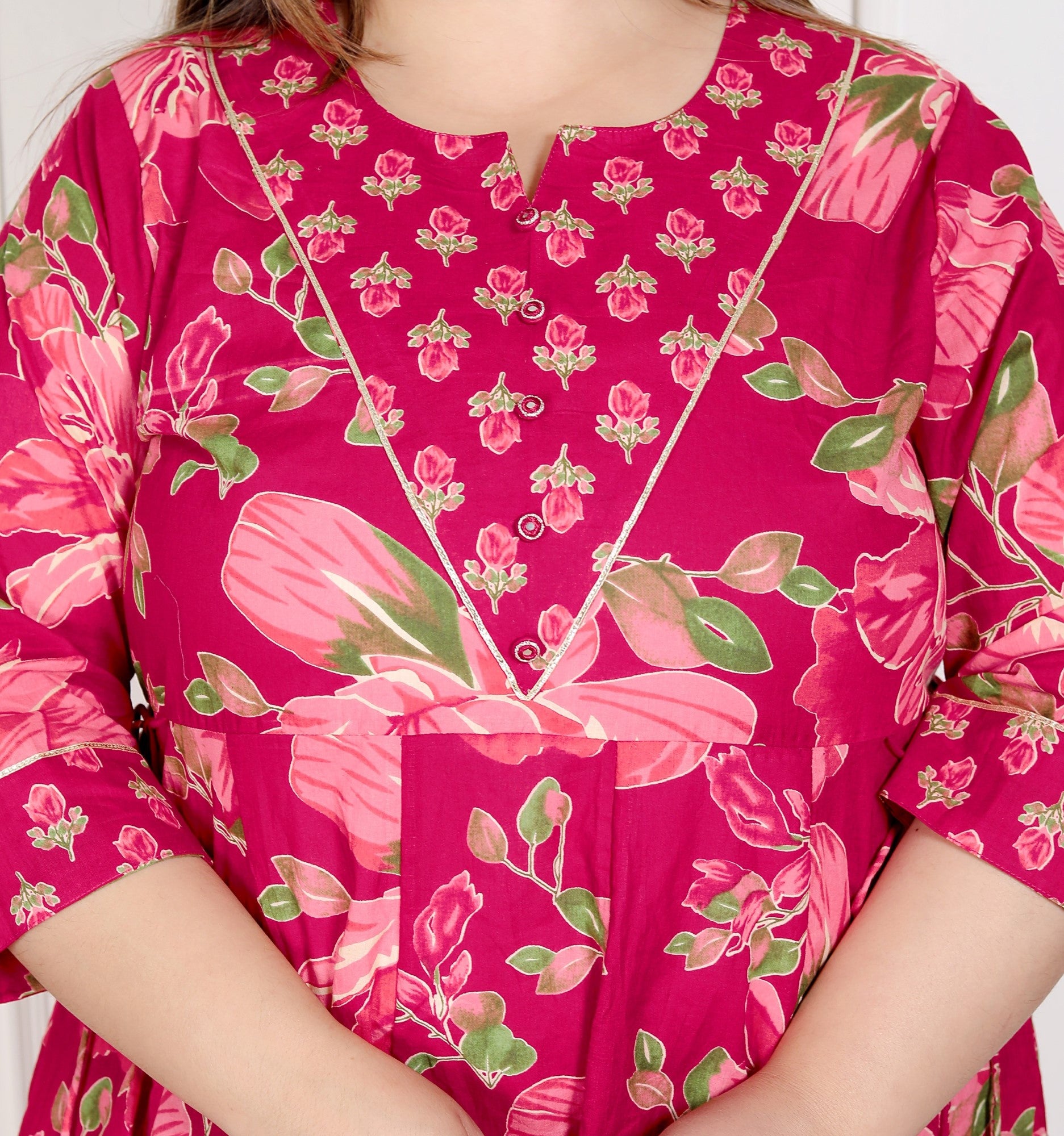 Plus Size Pink Anarkali Cotton Printed Flared Kurta Pant Set with Dupatta-210014