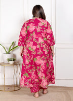 Plus Size Pink Anarkali Cotton Printed Flared Kurta Pant Set with Dupatta-210014