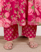 Plus Size Pink Anarkali Cotton Printed Flared Kurta Pant Set with Dupatta-210014