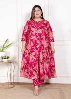 Plus Size Pink Anarkali Cotton Printed Flared Kurta Pant Set with Dupatta-210014