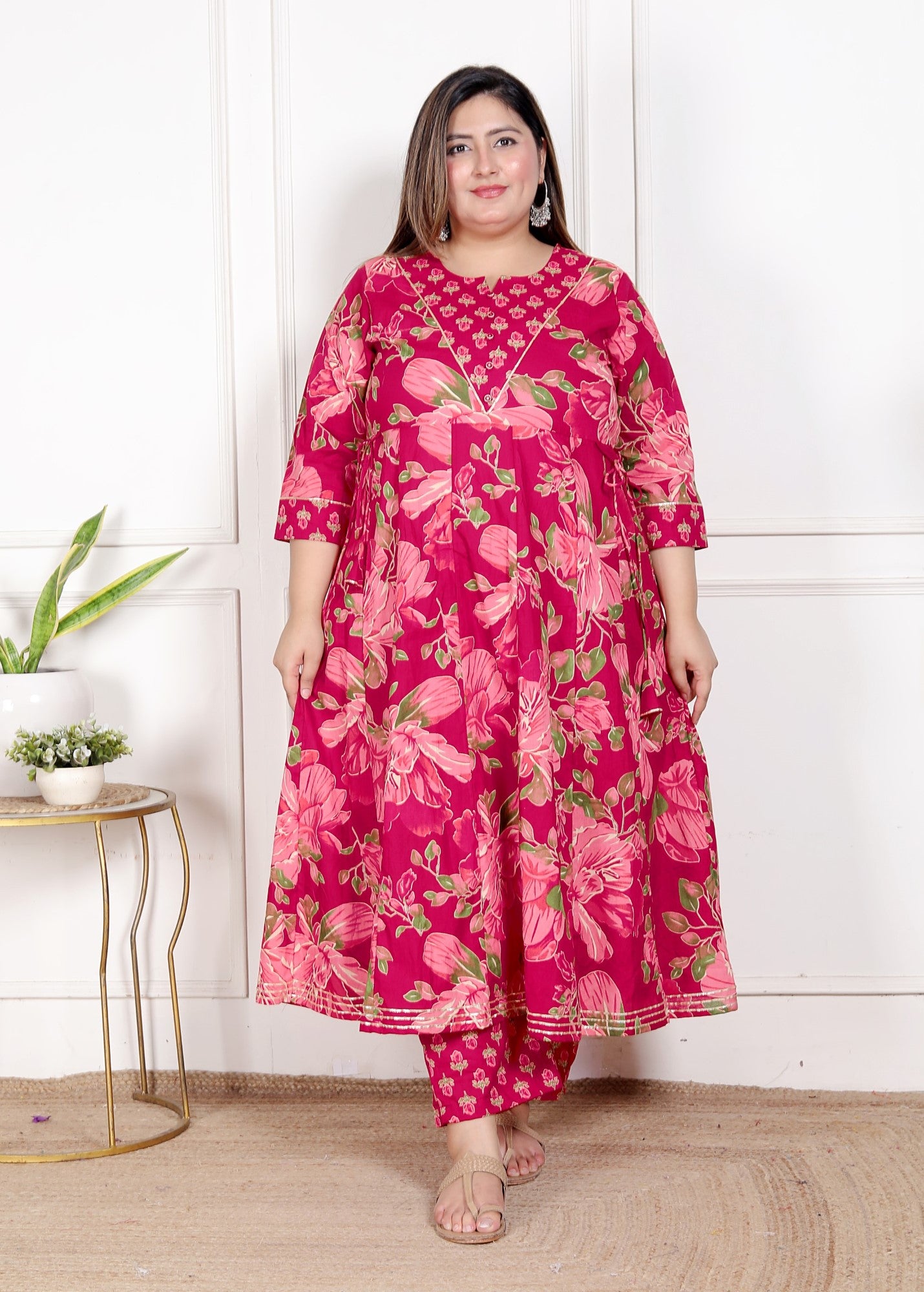 Plus Size Pink Anarkali Cotton Printed Flared Kurta Pant Set with Dupatta-210014