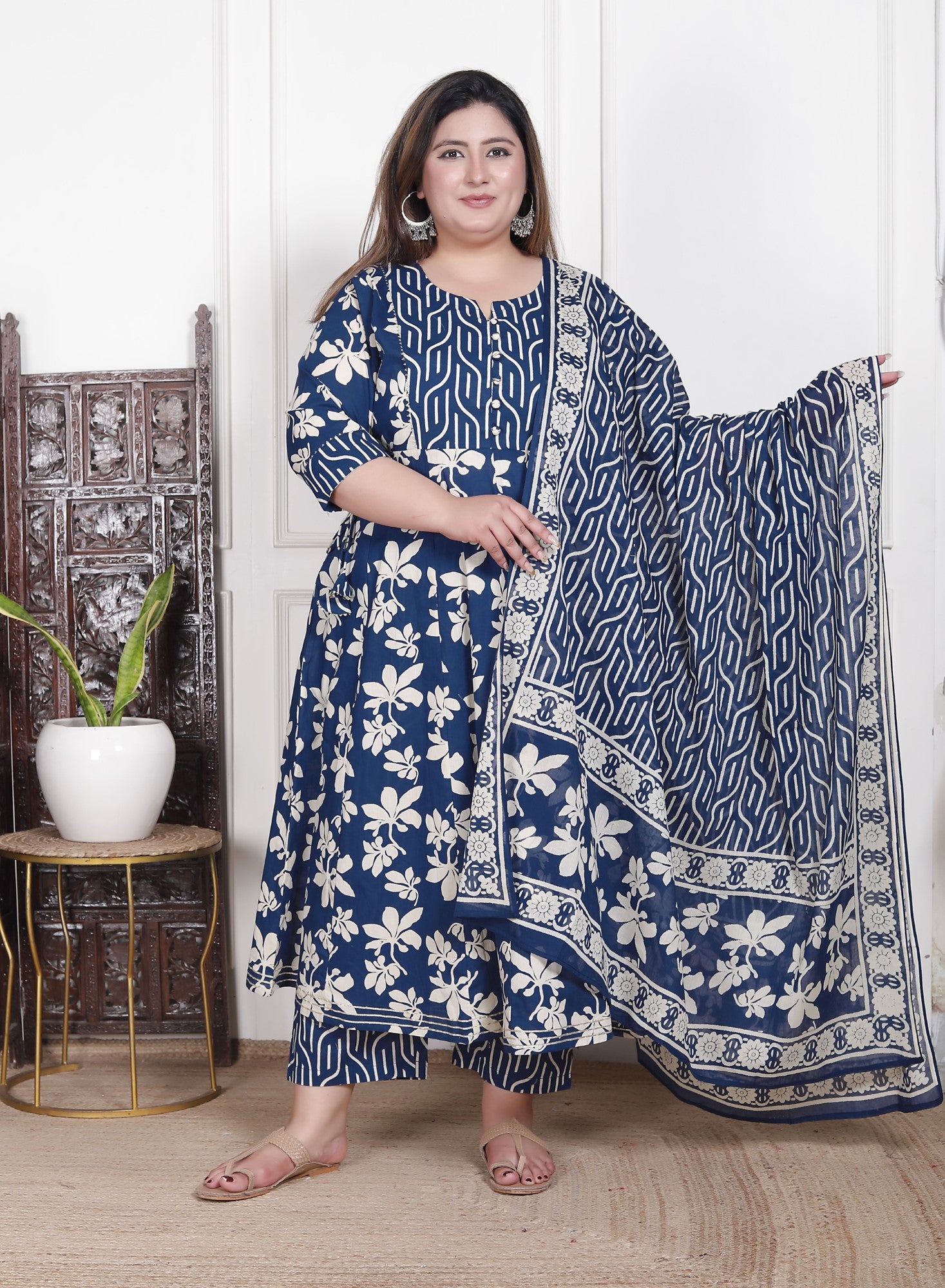 Plus Size Blue Anarkali Cotton Printed Flared Kurta Pant Set with Dupatta-210015 Main image