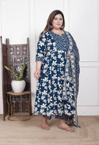 Plus Size Blue Anarkali Cotton Printed Flared Kurta Pant Set with Dupatta-210015