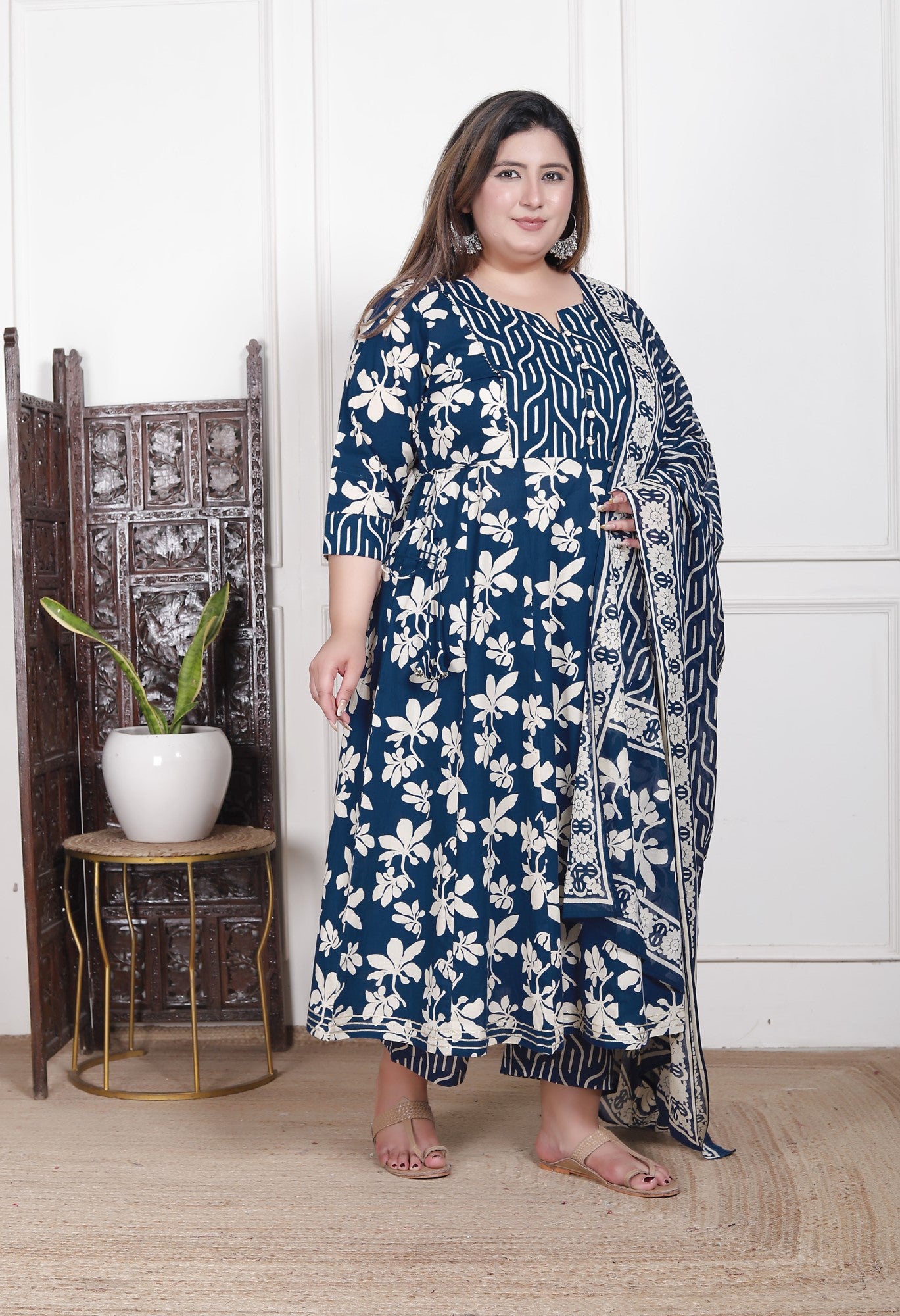 Plus Size Blue Anarkali Cotton Printed Flared Kurta Pant Set with Dupatta-210015