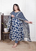 Plus Size Blue Anarkali Cotton Printed Flared Kurta Pant Set with Dupatta-210015