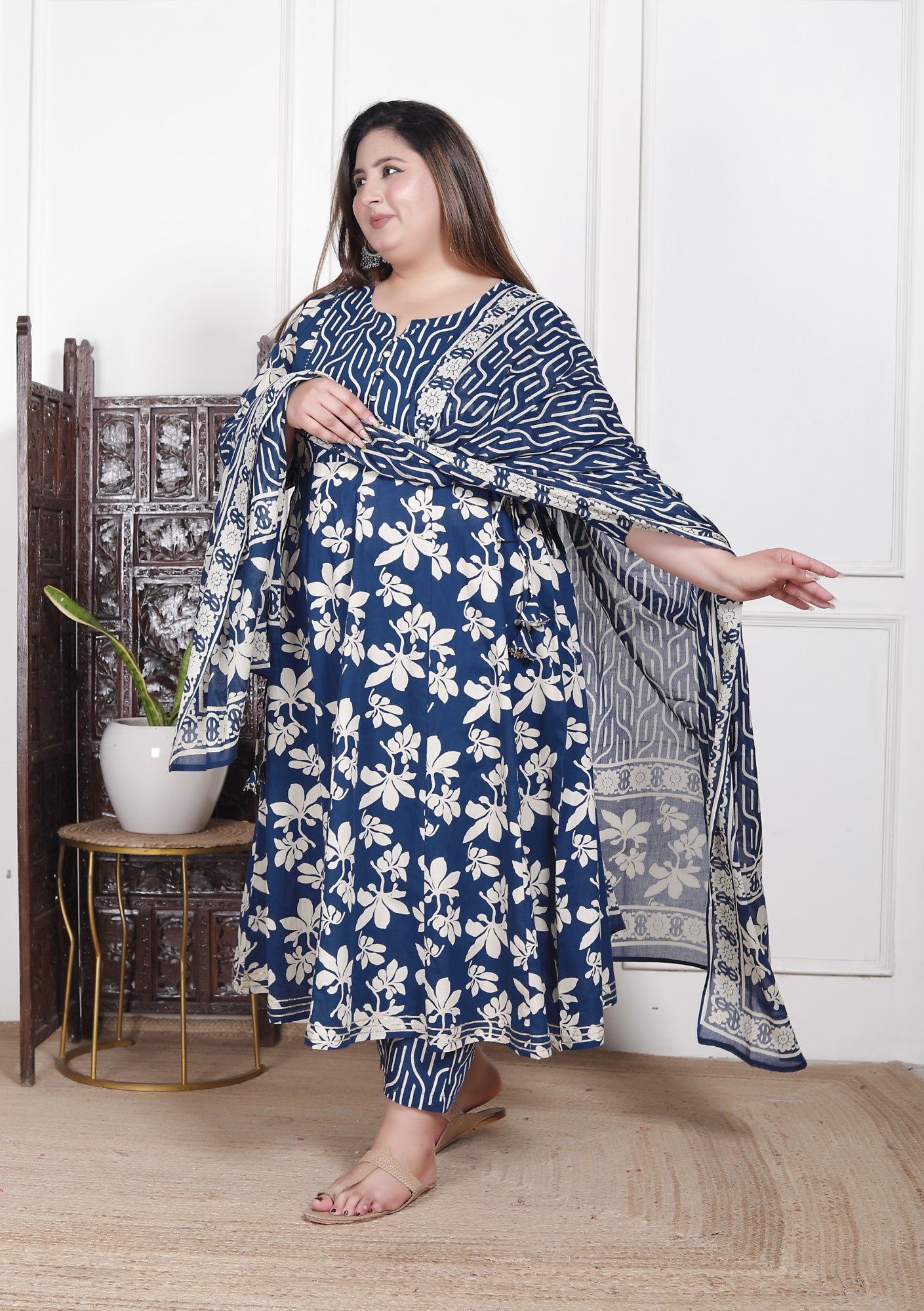 Plus Size Blue Anarkali Cotton Printed Flared Kurta Pant Set with Dupatta-210015
