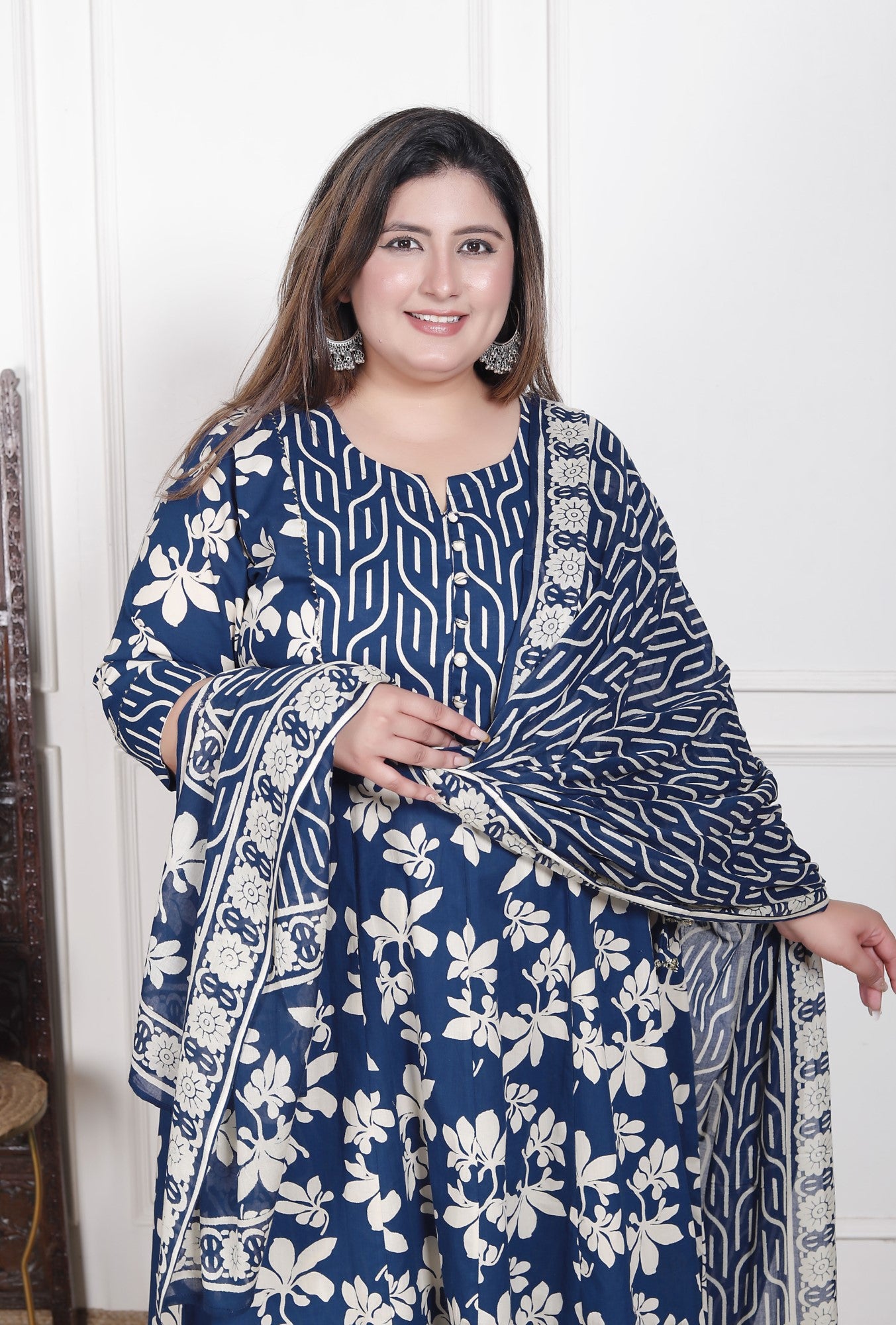 Plus Size Blue Anarkali Cotton Printed Flared Kurta Pant Set with Dupatta-210015