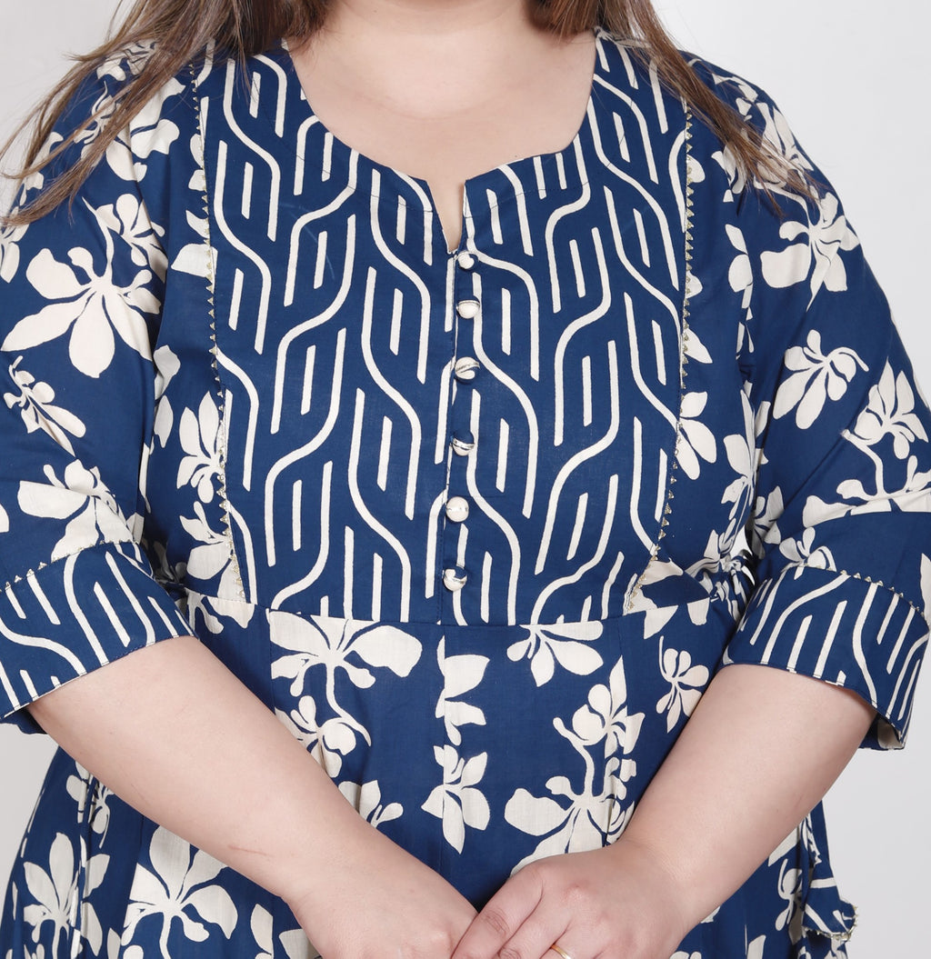 Plus Size Blue Anarkali Cotton Printed Flared Kurta Pant Set with Dupatta-210015