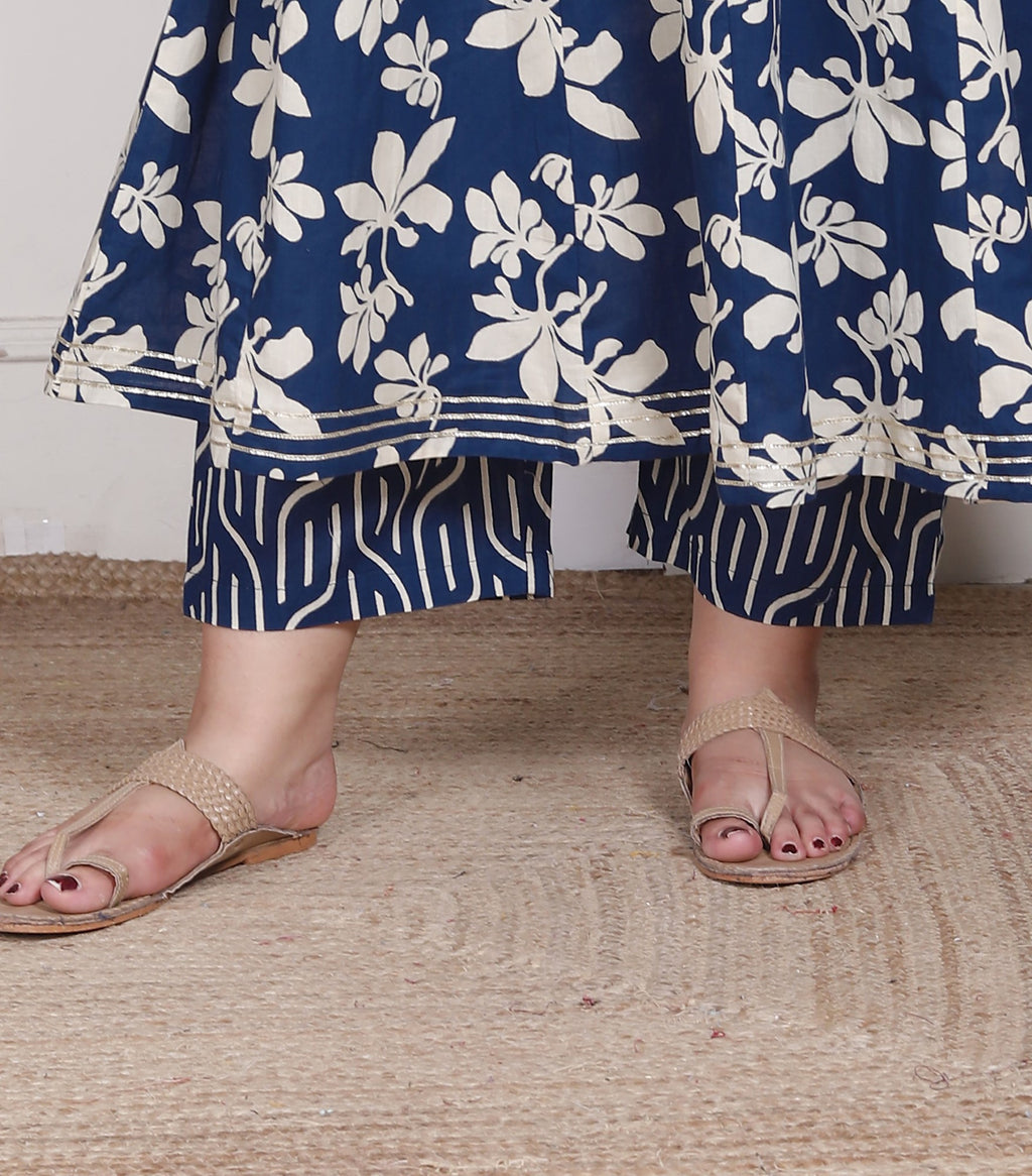 Plus Size Blue Anarkali Cotton Printed Flared Kurta Pant Set with Dupatta-210015