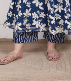 Plus Size Blue Anarkali Cotton Printed Flared Kurta Pant Set with Dupatta-210015