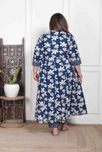 Plus Size Blue Anarkali Cotton Printed Flared Kurta Pant Set with Dupatta-210015