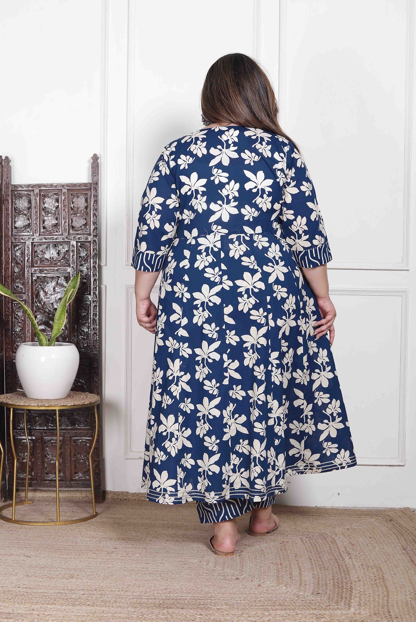 Plus Size Blue Anarkali Cotton Printed Flared Kurta Pant Set with Dupatta-210015